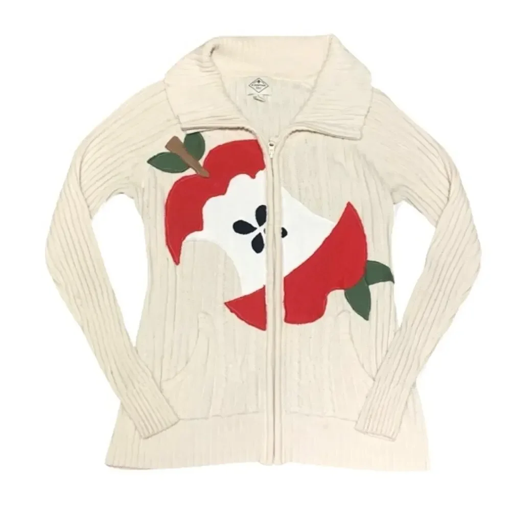 Custom Upcycled Eaten Apple Patchwork Cream Knit Zip Sweater – Large